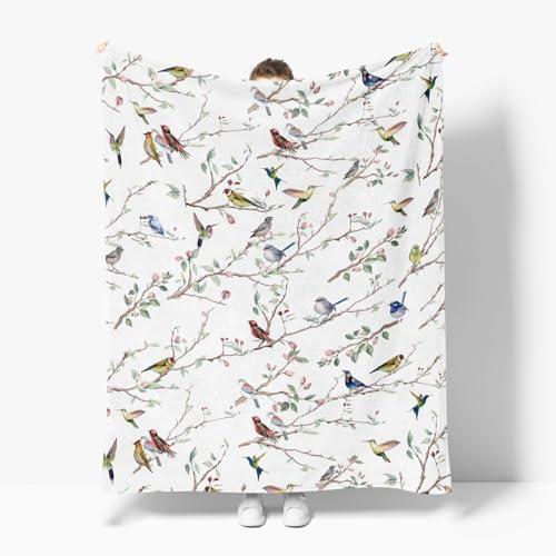 Horaldaily Spring Summer Birds Branch White Flannel Throw Blanket 50x60 - color: White, size: Throw(50x60'')