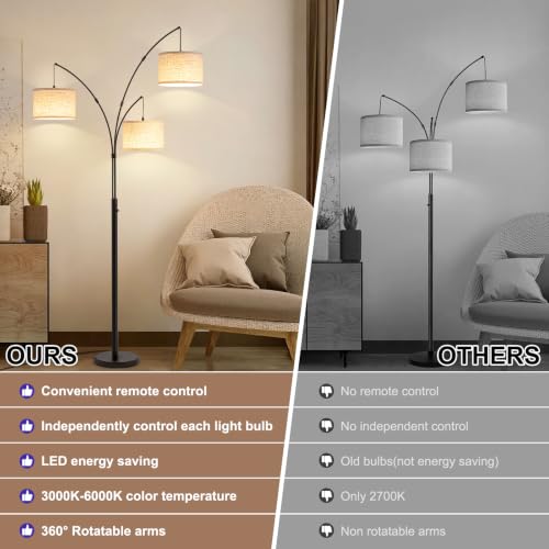 3 Light Arc Floor Lamp with Remote, Beige Shade Black Pole - color: Black-Beige Shade, size: 3