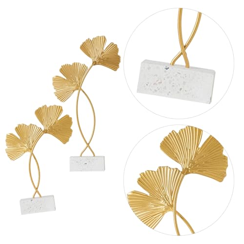 Cabilock 2Pcs Ginkgo Leaf Decor Metal Sculptures with Wood Base Nordic Gingko Leaf Adorns for Desktop Home D Cor Accents Living Room Bedroom Office