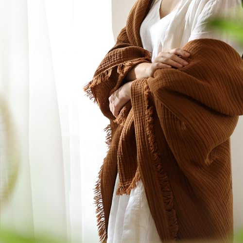 MooMee 100% Cotton Muslin Blanket, Fringed 4-Layer Gauze Bed Throw Blankets - color: Drak Orange, size: Oversize Queen