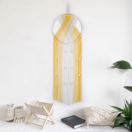 LB Boho Macrame Wall Hanging, Handmade Woven Cotton Wall Decor Tapestry - color: Yellow