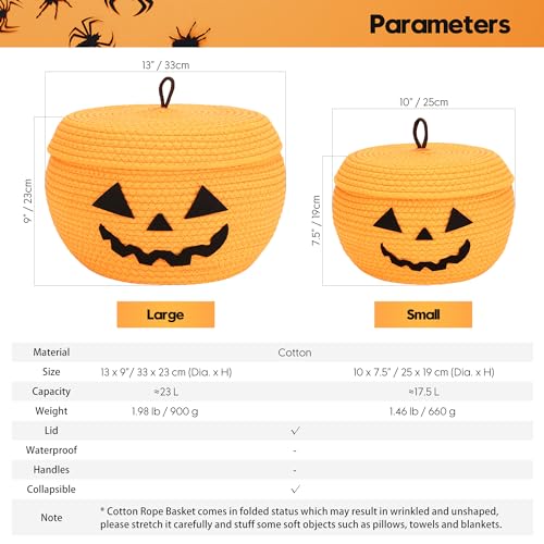 Sea Team Round Woven Cotton Rope Storage Basket with Lid, Halloween - color: Halloween, size: Small