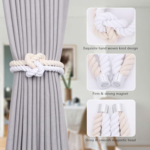NICEEC Cotton Rope Magnetic Curtain Tiebacks, 4 Pack, Beige & White - color: Beige & White, size: 4 Pack