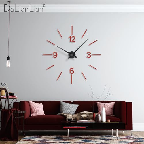 DIY Wall Clock, 3D Mirror Effect, Adjustable up to 65 in, Red - color: Red
