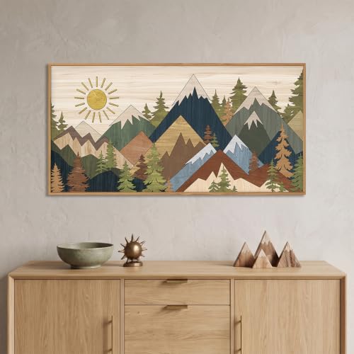 BICERE Large Abstract Mountain Woodcut Framed Canvas Wall Art,Vintage Pine Tree Wall Decor,Rustic Nature Forest Painting,Neutral Artwork for Living Room,Bedroom,Dining Room,Farmhouse - 20"x40"x1 - color: Abstract Woodcut Wall Art, size: 40''L x 20''W