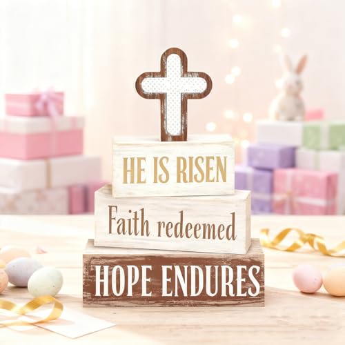 Easter Decorations - He Is Risen Cross Tiered Tray Decor - Faith Redeemed Religious Wooden Tabletop Sign - Farmhouse Easter Christian Home Decor Indoor - Spring Home Decor for Living Room, Kitchen Counter, Seasonal Farmhouse Display - style: Cross