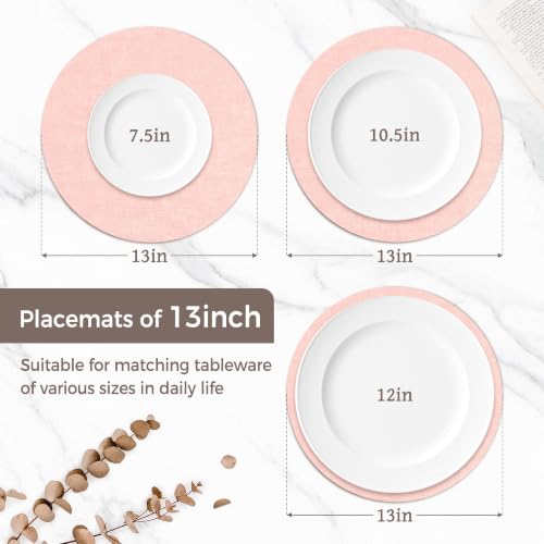 13" Round Placemats Set of 6, Reversible Faux Leather Wipeable Table Mats - color: Light Pink