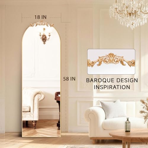 MISSDAY Vintage Baroque Full Length Mirror, 58"X18" Antique Large Arched Full Body Mirror Freestanding with French Carving Top, Full Metal Frame Stand Up Retro Mirrors for Bedroom Living Room, Gold - color: Gold, size: 58"L x 18"W