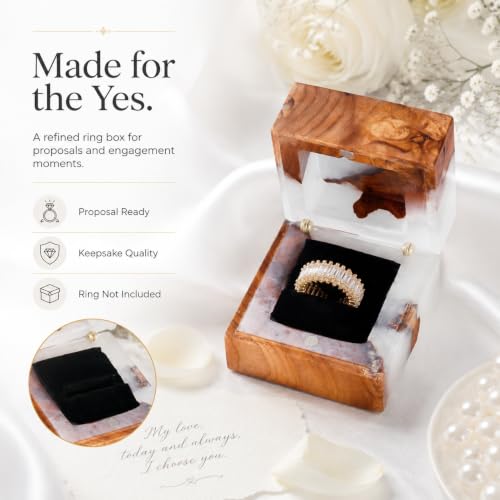 Wedding Ring Box, Engagement Ring Box with Single Slot Handcrafted White Wood and Resin Jewelry Box for Proposal Wedding Ceremony, Jewelry Organizer - color: Pearl White