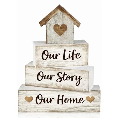 Farmhouse Tiered Tray Decor, 4pcs Our Life Our Story Our Home Table Decor - style: Family