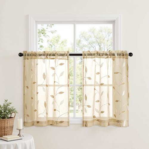 MIULEE Beige Sheer Curtains 2 Panels Embroidered Leaf Patterned, W30 x L24 - color: Beige, size: 30"W x 24"L (Pack of 2)