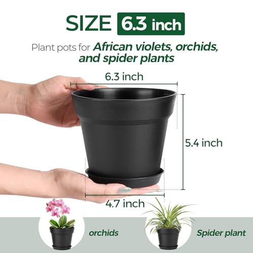 T4U Plant Pots Indoor 6 Inch 8 Pack, Plastic Flower Pots with Saucer Black - color: Black, size: 6 inch