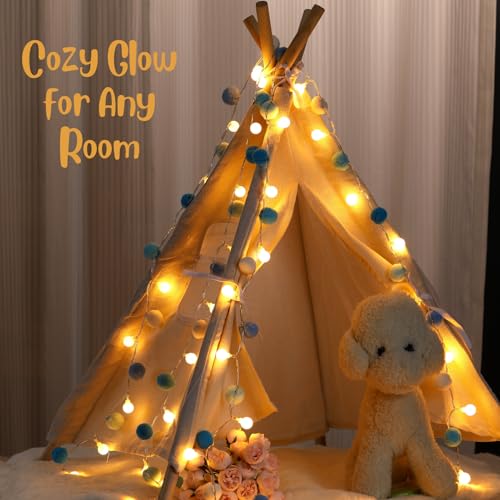 6.56FT Pom Poms Fairy Lights - 20 LED Battery Operated String Lights with Warm White Globe Balls - Cute Indoor Decor for Bedroom Kids Room Playhouse Graduation Birthday Baby Shower - Blue - color: Blue, size: 6.56 FT