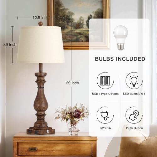Cinkeda 29" Tall Farmhouse Table Lamp for Living Room,Vintage Retro Nightstand Lamps with USB C+A Ports & AC Outlet,3-Way Dimmable Touch Bedside Lamp for Bedroom Side Table,Single Brown - color: 1Pack Brown