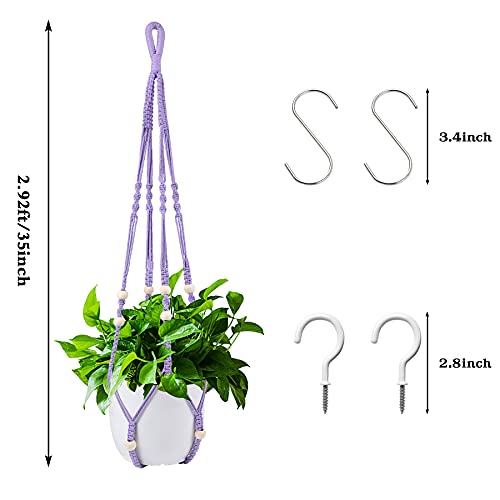 Augshy Macrame Hanging Planter, Hanging Planters for Indoor Outdoor Home Decor, Hanging Plant Holder No Tassels Set of 2 with 4 Hooks - color: Purple, size: 35 Inches