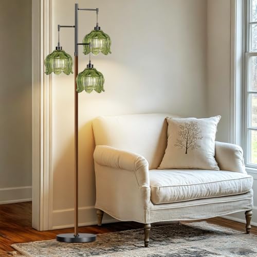QIYIZM Glass Floor Lamp for Living Room,Bedroom,Stained Green Mid Century Modern Standing Lamp Wood Tree 3 Light Tall Floor Lamps Vintage Retro Black Floor Lights Flower LampShade Boho Bohemian - size: Floor Lamp--31