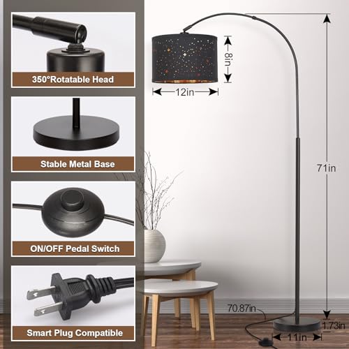 Modern Arc Floor Lamp, Tall Pole Lamp with Black Stars Lampshade - color: Black Base with Stars Shade