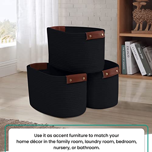 3 Pack Woven Cotton Rope Storage Basket, 15x10x9, Black - color: Black