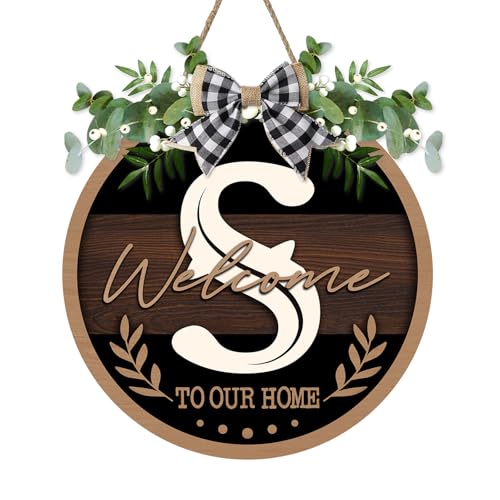 Monogram Letter S Front Door Sign, Welcome to Our Home Family Last - color: S