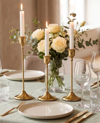 Gold Candlestick Holders Set of 3 Weighted Stable Base - color: Gold, size: Set of 3