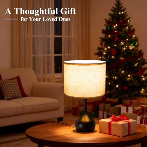 ONEWISH Touch Bedside Lamp for Bedroom, 3-Way Dimmable Table Lamps for Nightstand with Cylindrical Fabric Shade, Desk Lamp for Living Room, End Tables, Home Office - color: Beige Linen Drum Shade & Black Base