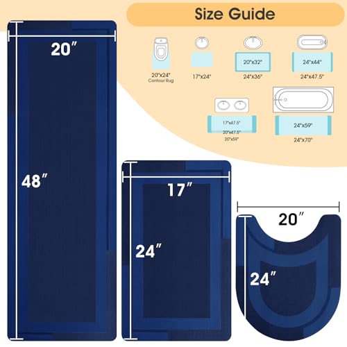 ACCUMTEK Non Slip Bath Mat, Thin Bathroom Rugs Fit Under Door, Quick Dry Bath Mats, Machine Washable Bath Rugs for Bathroom, Bathtub & Kitchen, Bathtub,Dark Blue/Bordered/3 Piece - color: Dark Blue, size: 24"x17"+48"x20"+U Shape 24"x20"