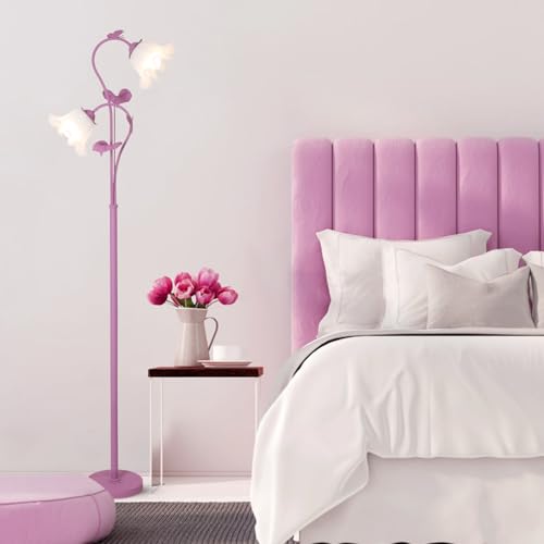 HMVPL Purple Floral Floor Lamp, Girls Flower Floor Lamp for Bedroom, Cute Lotus Standing Lamp with 2 LED 5W Blubs, Foot Switch, Unique Flower Tall Lamp for Living Room Kids Nursery Bedside Corner - color: Purple