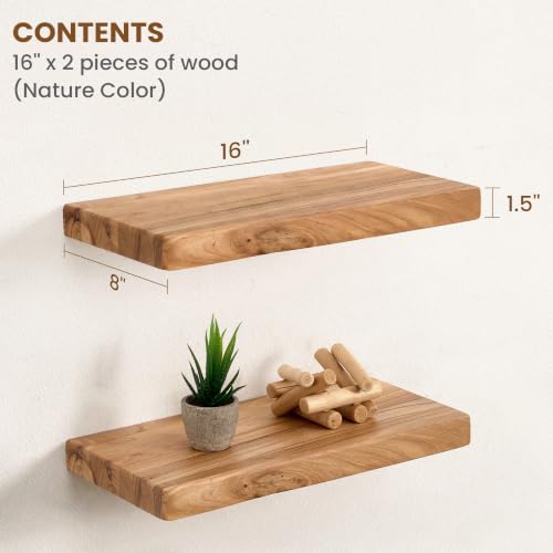 Floating Shelves for Wall, 16"Wx8"D Rustic Solid Elm Wood Floating Shelves Wall Mounted, Round Edge Wall Shelves with Invisible Bracket for Living Room Bathroom Bedroom Kitchen, Set of 2, Natural - color: Natural, size: Round Edge,16inch, 2Packs