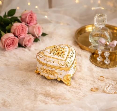 Feyarl Vintage Heart Shaped Jewelry Box White Gold Rose Trinket Box with Velvet Lining Small Ring Earrings Box Case Keepsake Storage Decorative Organizer Box for Women Girls Gift