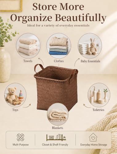 Wicker Storage Baskets, 4 Pack Woven Baskets for Shelves, Brown - color: Square Brown