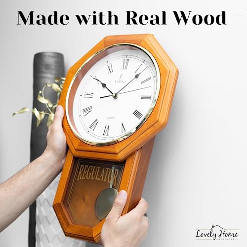 Pendulum Wall Clock Battery Operated, Real Wood Regulator Clock, Quiet - color: Light Wood