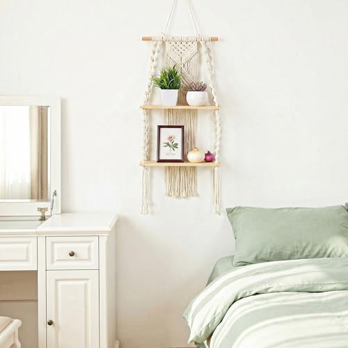Handmade Macrame Wall Hanging Shelf 2 Tier, Boho Floating Woven Rope Decorative Storage Rack Organizer for Home Bedroom Bathroom Plants, Beige (Classic)