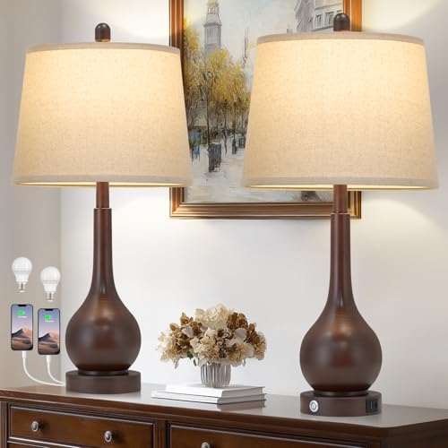 26" Brown Table Lamps Set of 2, Touch Control Bedside Lamps for Bedroom Nightstand, 3-Way Dimmable Farmhouse Lamp for Living Room with Charging Port (2 LED Bulbs Included) - color: Brown - 26"H