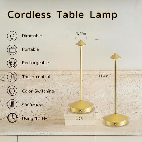 EJQ 2 Pack LED Rechargeable Cordless Table Lamps,Portable Outdoor 5000mAh Battery Operated Table Light Touch Control 3 Color Dimmable for Patio/Cofee/Restaurant/Camping/Dining/Bedroom-Gold - color: jinse