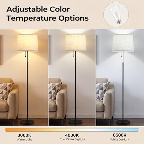 Floor Lamps for Living Room & Bedroom, 60" Modern Tall Standing Lamp, 3CCT - color: Linen T-Shades+Black Pole