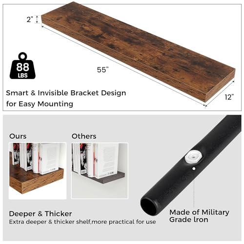 55 Inch Floating Shelves for Wall, 12"D Wood Storage Shelves, Brown Finish - color: Brown, size: 55 Inch