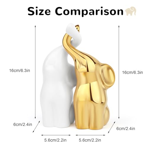 QINJIEJIE Golden Elephant Statue Figurines Loving Elephant Gift for Couples - color: Golden & White