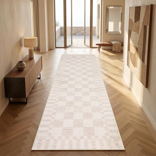 GarveeHome 2.5x8 Checkered Kitchen Runner Rug for Hallway Non Slip Washable - color: Beige, size: 2.5' x 8' (Rectangular)