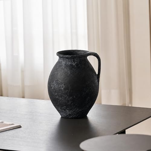 LB2 Black Ceramic Large Vase, 11.2" Tall Zen Style Vase, Terra Cotta Pitcher, Distressed Farmhouse Decor, Pottery Decorative Flower for Home Decor (D - Black 11.2") - color: F - Black 11.2"