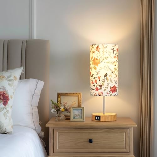CINSARY Bedside Touch Lamp with Flower Fabric Shade, 3 Way Dimmable Wood Bedroom Lamp for Nightstand with 2 USB Charging Ports, Small Table Lamp for Living Room Reading Desk (LED Bulb Included) - color: Flower1-15" H