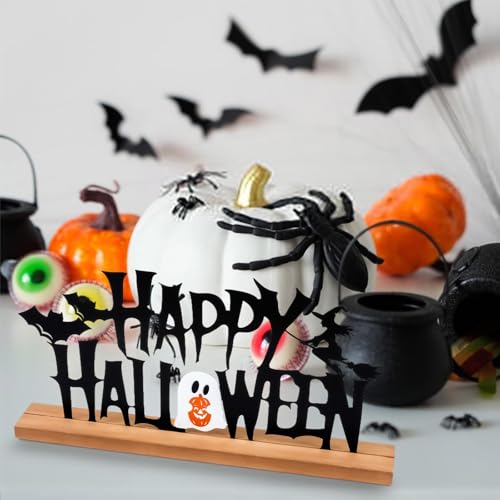 Metal Happy Halloween Sign Halloween Table Decorations with Wooden Base - color: Black