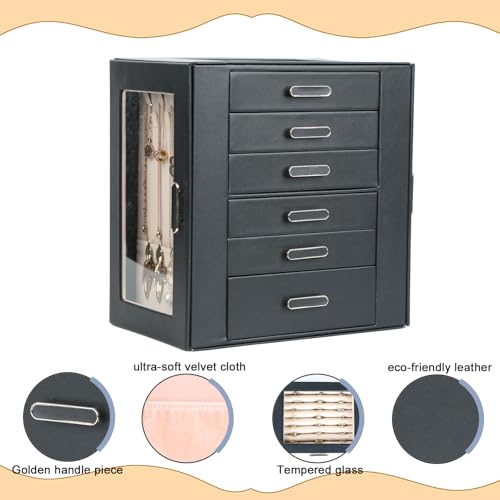 BOOVO Clear Lid Jewelry Box,6 Layers Jewelry Organizer (Black, 6 Layer) - color: Black, size: 6 Layer