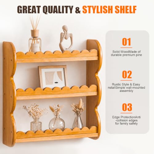 3-Tier Wood Wall Shelf, Scalloped Floating Shelves Storage Rack