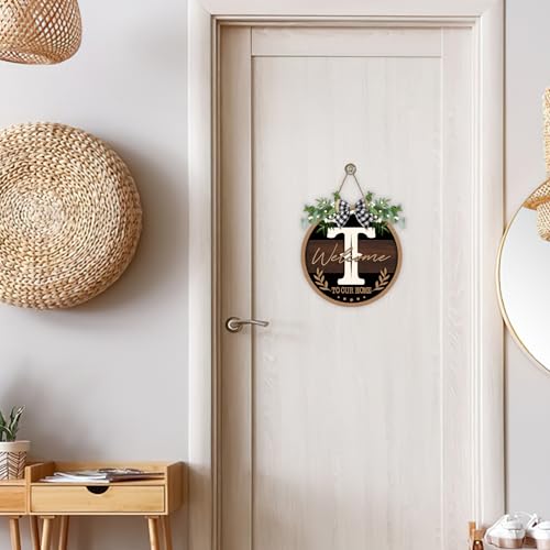 Monogram Letter T Front Door Sign, Welcome to Our Home Family Last - color: T