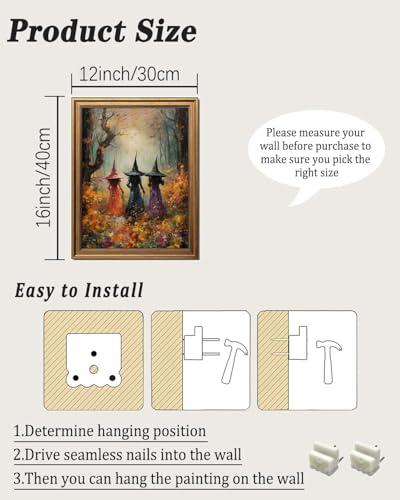 KBKBART Gold Framed Halloween Witch Wall Art 12x16 in Gothic Pictures Decor - color: Halloween Painting, size: 16"L x 12"W