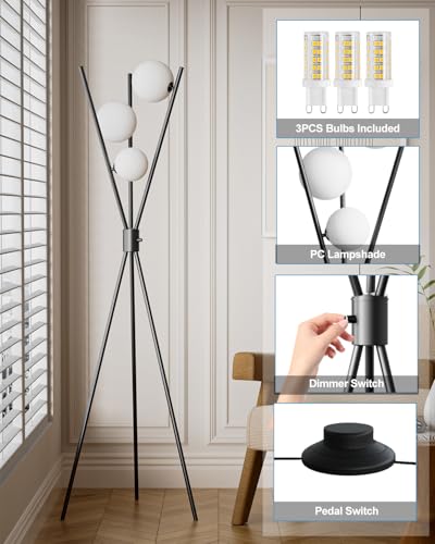 Lightdot 60IN Dimmable Black Tripod Floor Lamp Mid Century Standing Lamps - color: 3 Globe-Black Tripod