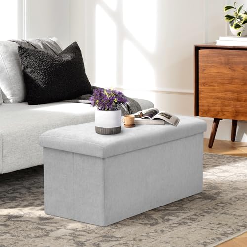 Athena Collection 30" Storage Ottoman Bench Folding Bench with 90L Hidden Storage, Large End of Bed Bench Linen Foot Rest Stool Chest with Flipping Lid for Living Room, Bedroom, Entryway, Light Gray - color: Light Gray, style: 30" Linen