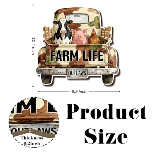 Farmhouse Wall Decor, Farm Life Truck Sign with Cow Pig Chicken, Rustic Wood Hanging Plaque, Watercolor Farm Animal Wall Art Painting Style, Country Home Door or Wall Sign, 10.4x9.8 Inches - color: Farm 18