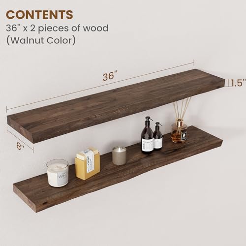 Floating Shelves for Wall Decor, Rustic Solid Elm Wood Live Edge Floating Shelves Wall Mounted, Wall Shelves with Invisible Bracket for Living Room Bathroom Bedroom Kitchen, 36 Inch Set of 2, Walnut - color: Walnut, size: Live Edge, 36inch, 2Packs
