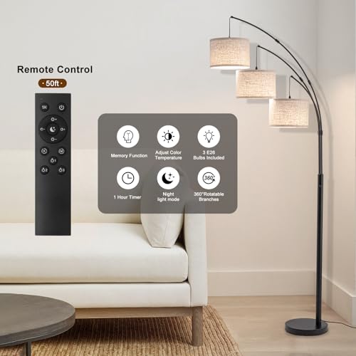 3 Light Arc Floor Lamp with Remote, Beige Shade Black Pole - color: Black-Beige Shade, size: 3